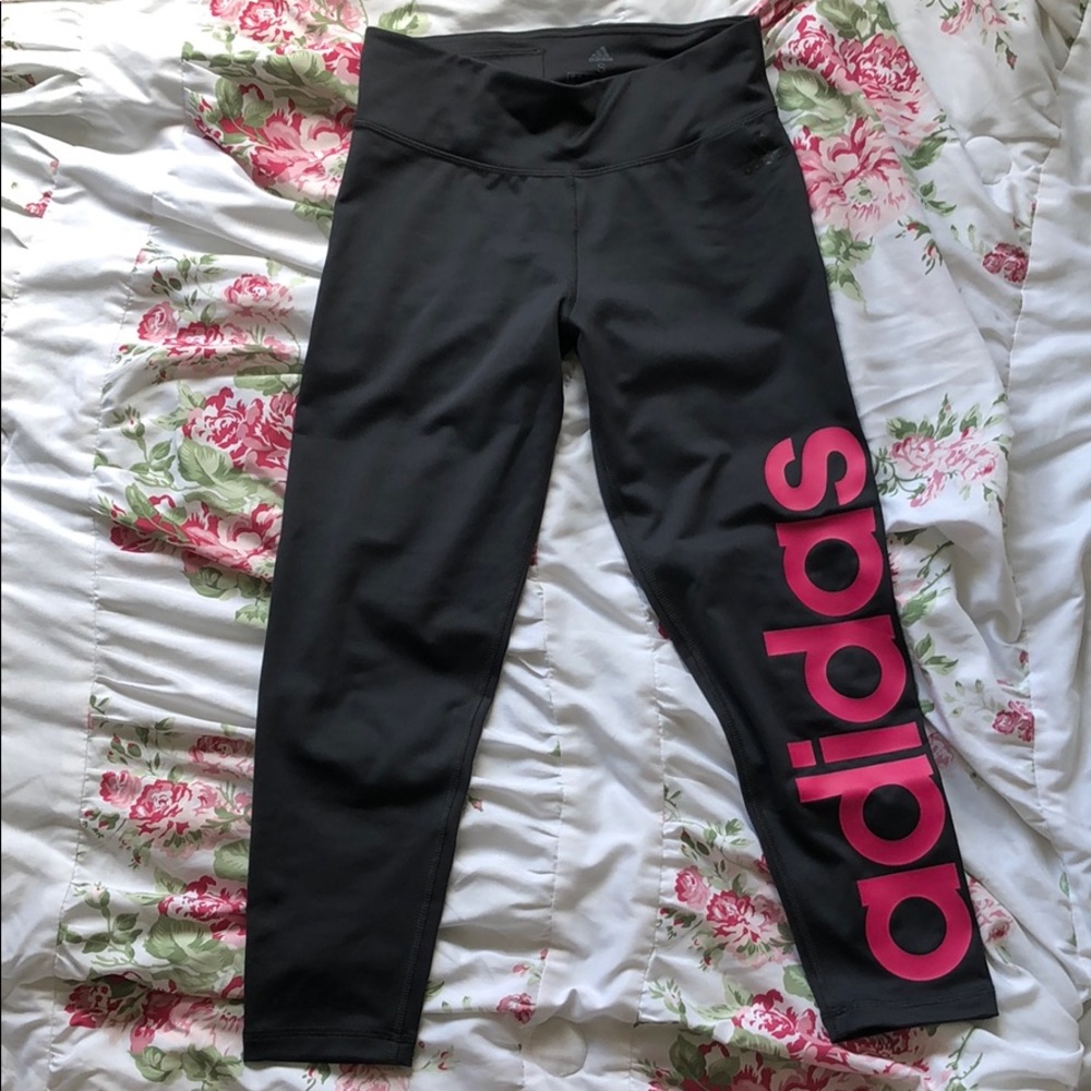 Adidas cropped leggings, gray and pink, size S
